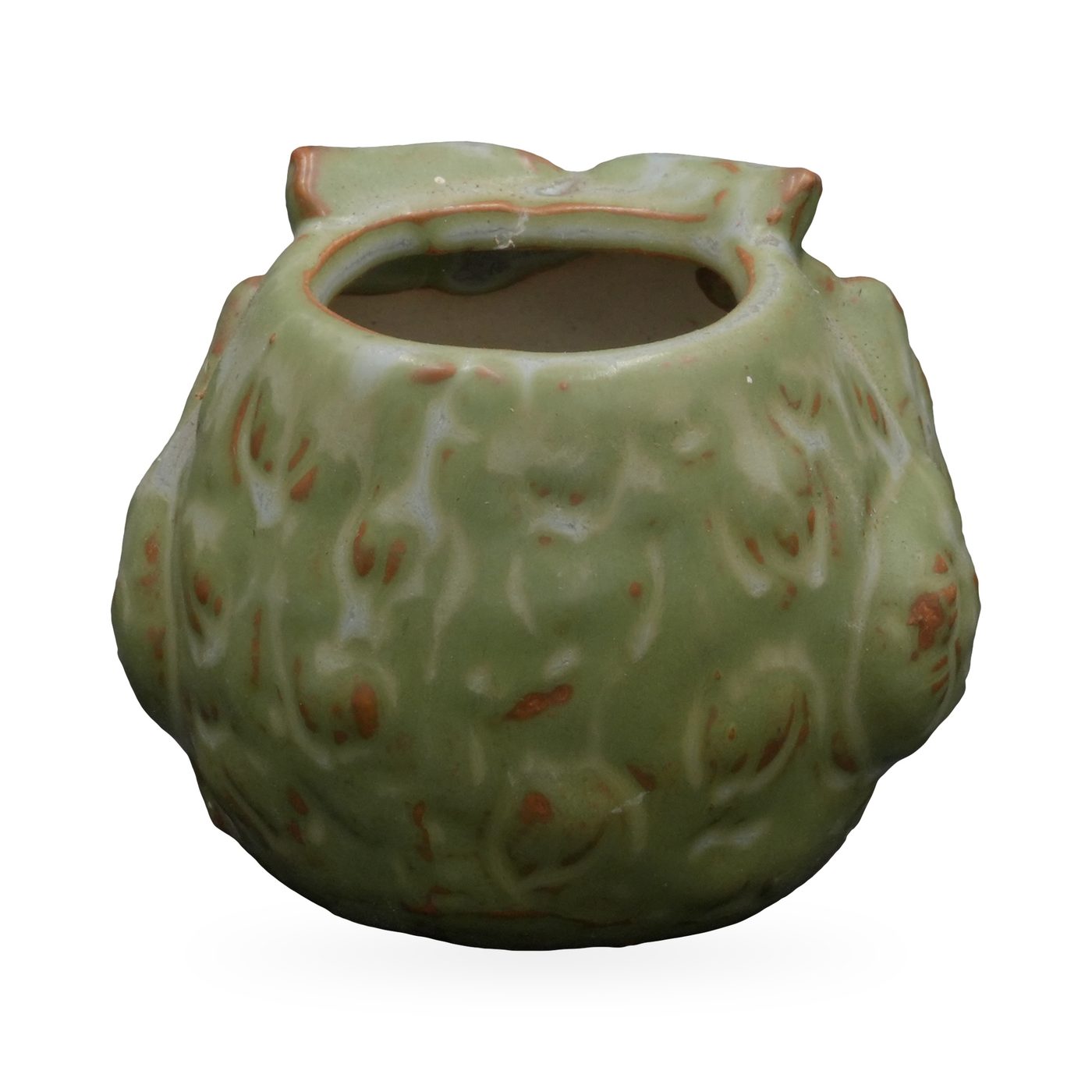 Mini sage-green ceramic owl planter with terracotta eye discs and a raised flower on the belly – view 4