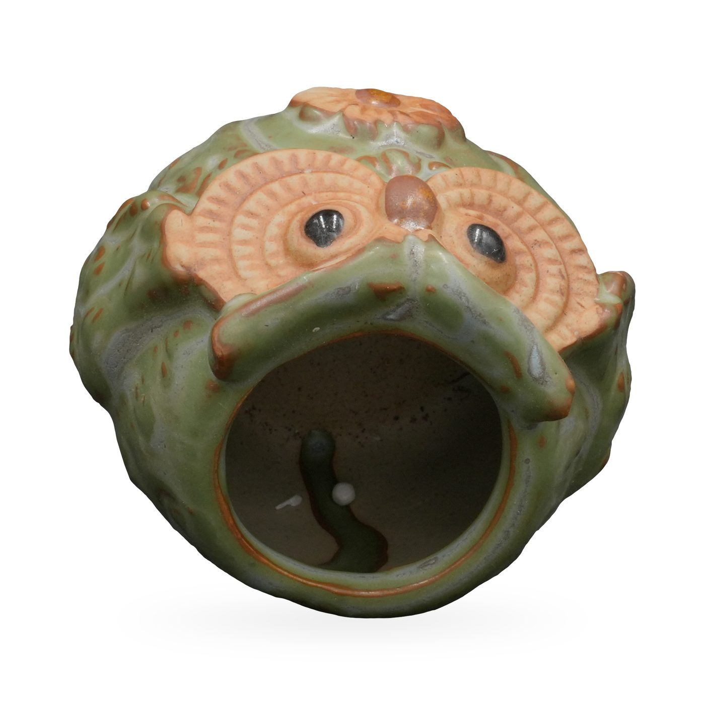 Mini sage-green ceramic owl planter with terracotta eye discs and a raised flower on the belly – view 3