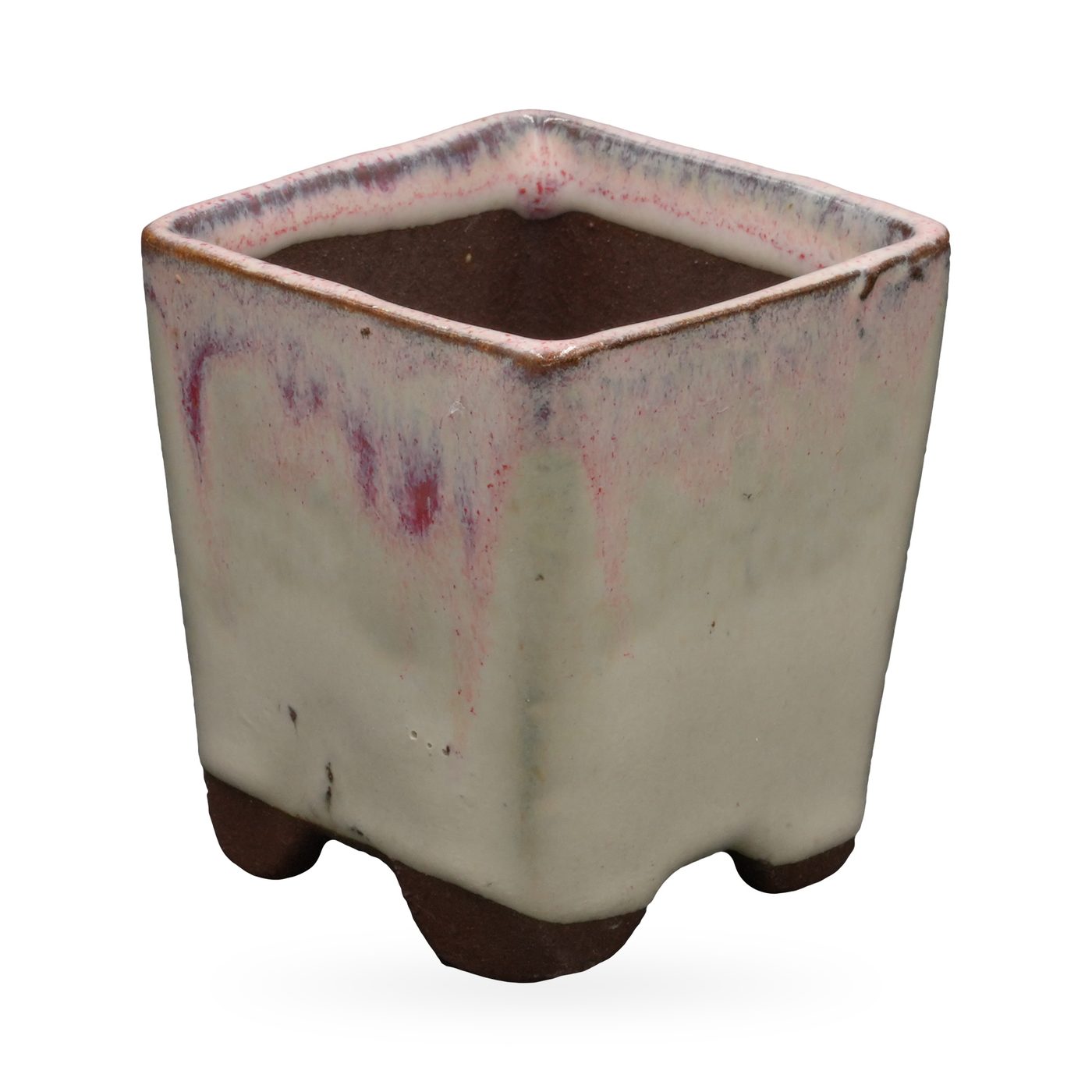 Cream glazed square footed pot with pink-purple blush at the rim and dark brown clay feet – view 2