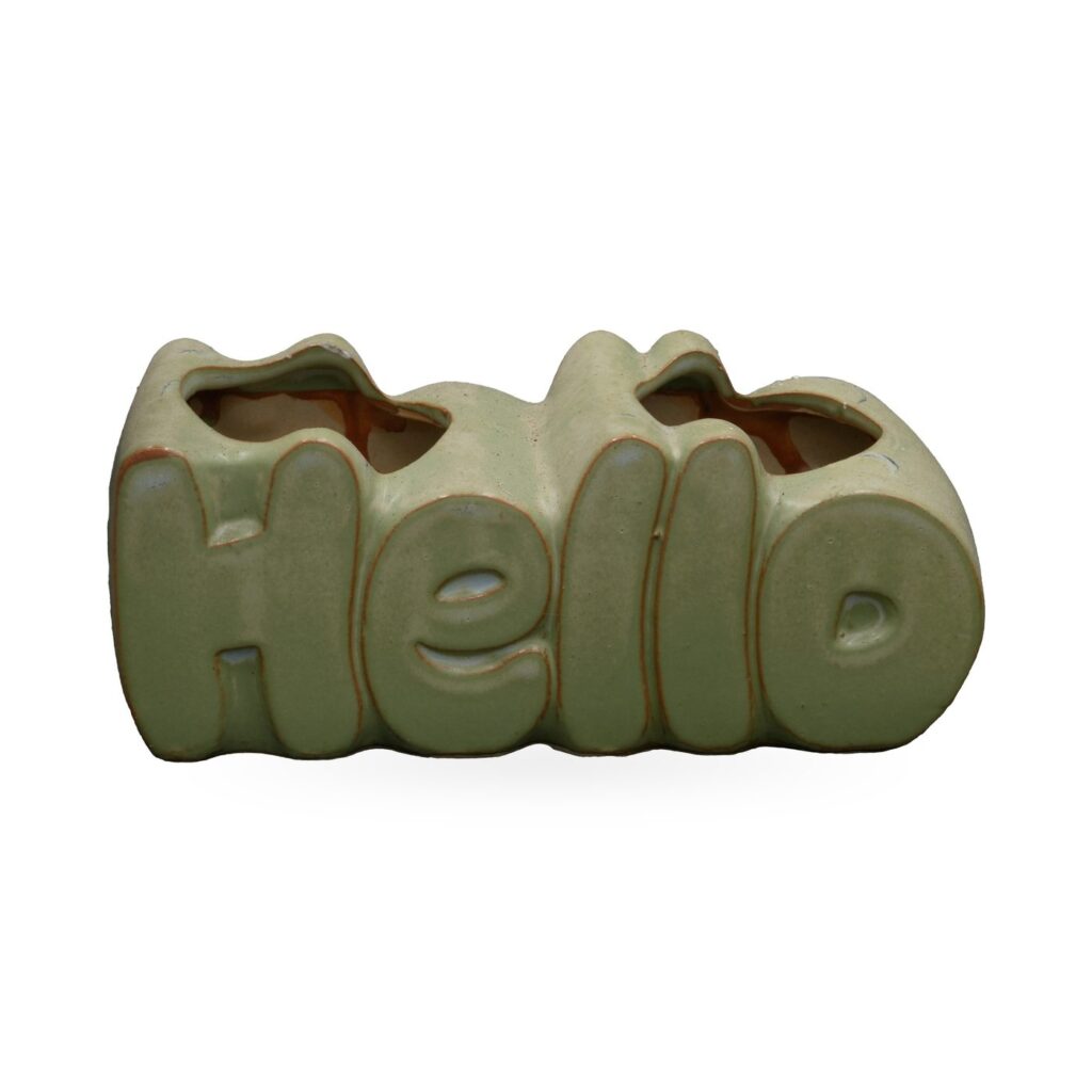 Sage green ceramic planter shaped as the word Hello in bubble letters with two planting wells