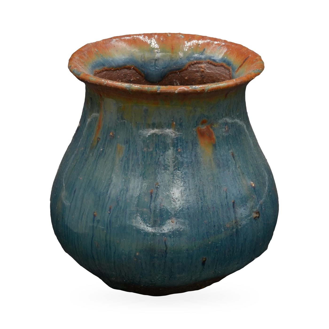 Bulb-shaped pot in streaky glossy teal-blue drip glaze with a rust-orange flared rim