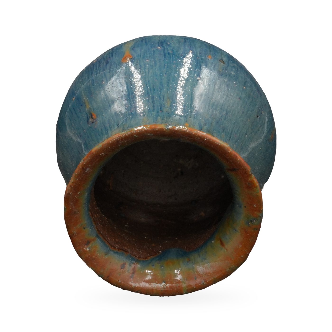 Bulb-shaped pot in streaky glossy teal-blue drip glaze with a rust-orange flared rim – view 3