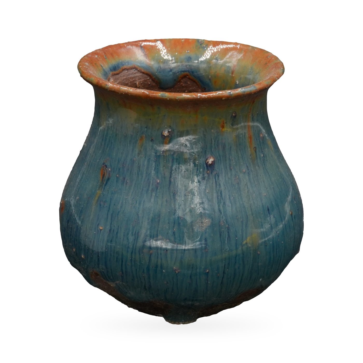 Bulb-shaped pot in streaky glossy teal-blue drip glaze with a rust-orange flared rim – view 2