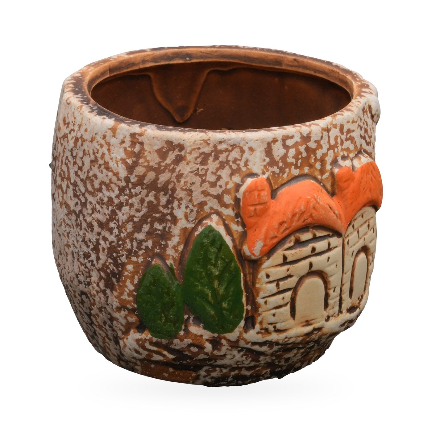 Round speckled cream and brown pot with raised cream cottages, orange roofs and green trees – view 2