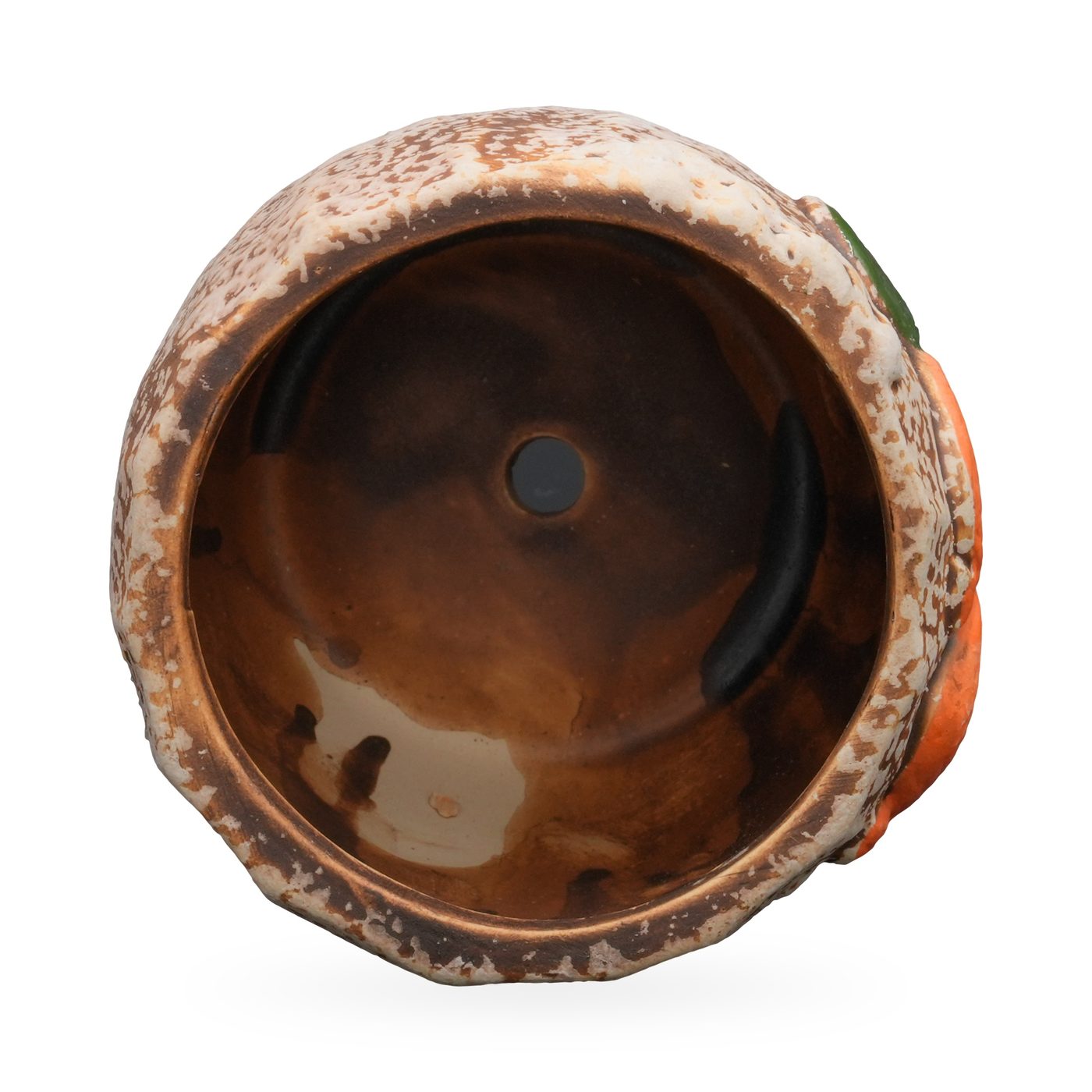 Round speckled cream and brown pot with raised cream cottages, orange roofs and green trees – view 4