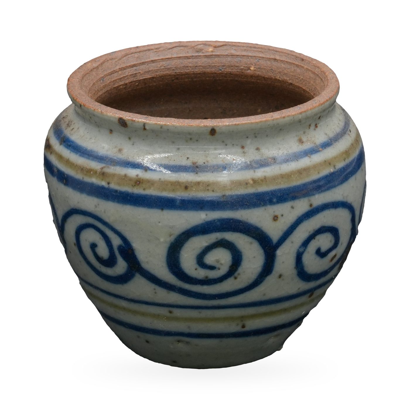 Rounded grey-white pot with a cobalt-blue scroll pattern, blue and olive stripes and brown clay rim