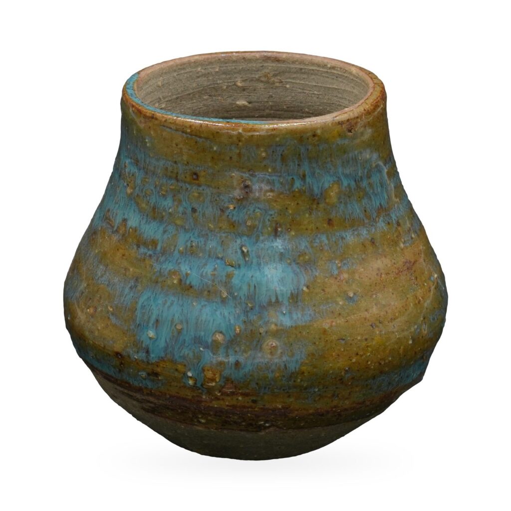Bulbous vase-shaped pot with speckled olive and ochre glaze and teal-blue drips