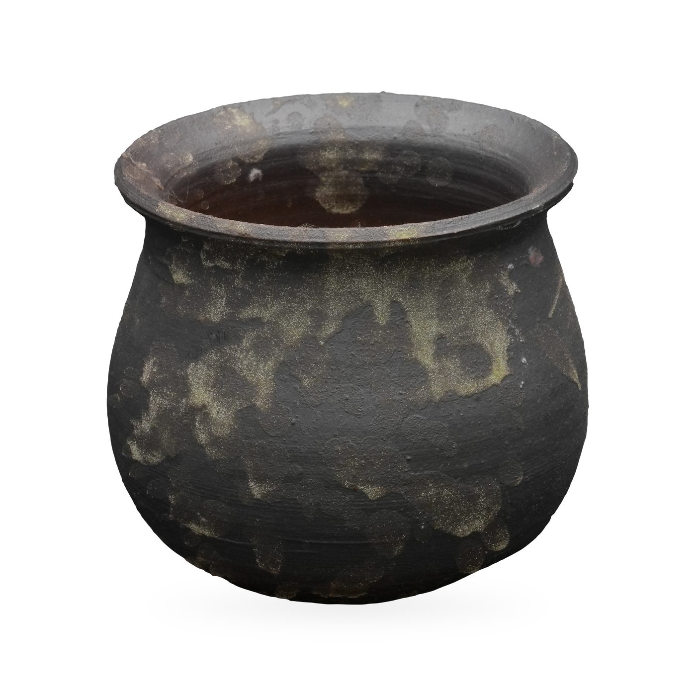 Round-bellied matte charcoal pot with khaki-gold splashes and a flared rim – view 2