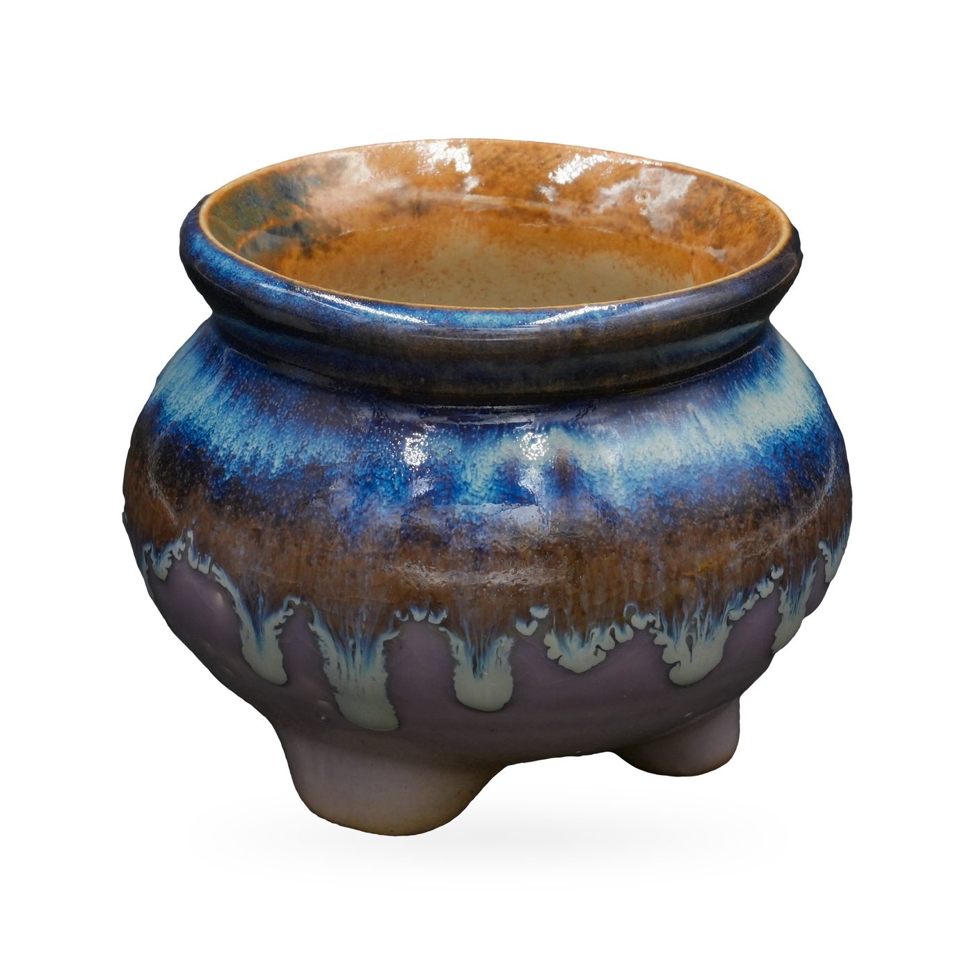 Footed round pot with glossy cobalt-blue glaze dripping over lavender and a rust-amber rim – view 2