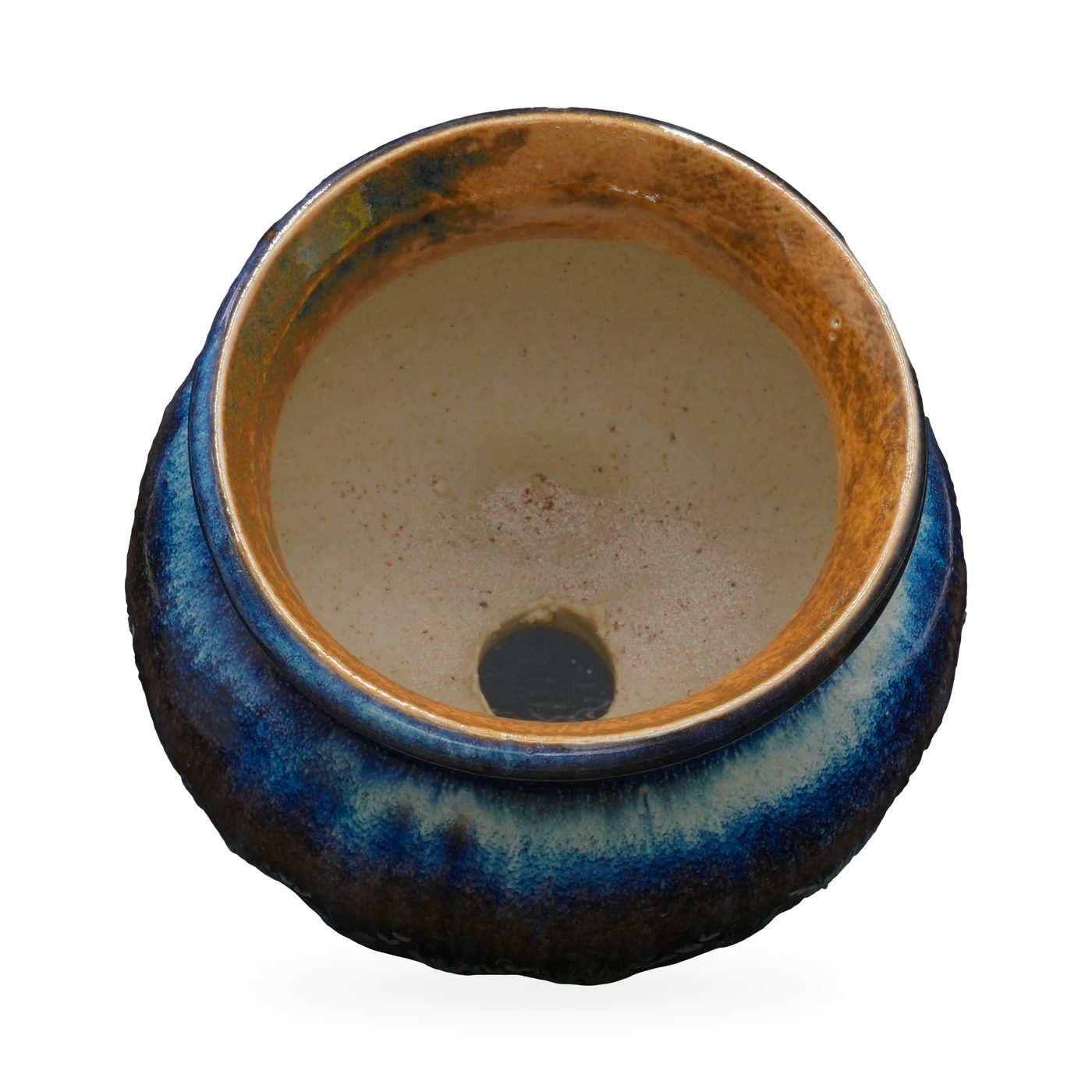 Footed round pot with glossy cobalt-blue glaze dripping over lavender and a rust-amber rim – view 3