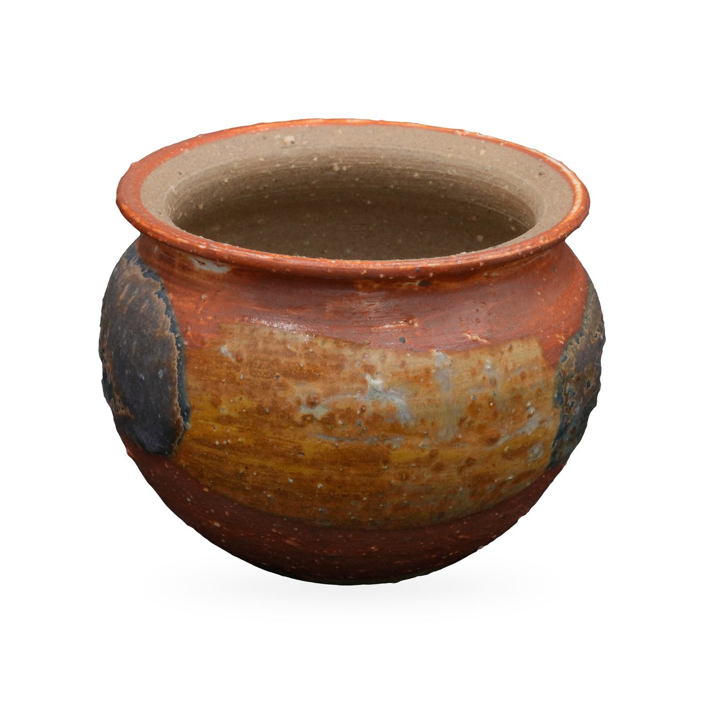 Round-bellied rust-red pot with ochre and blue-grey glaze patches and a flared rim – view 2
