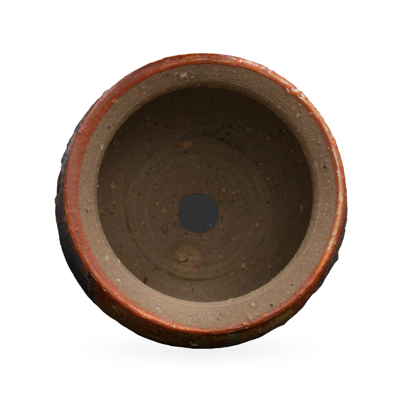 Round-bellied rust-red pot with ochre and blue-grey glaze patches and a flared rim – view 3