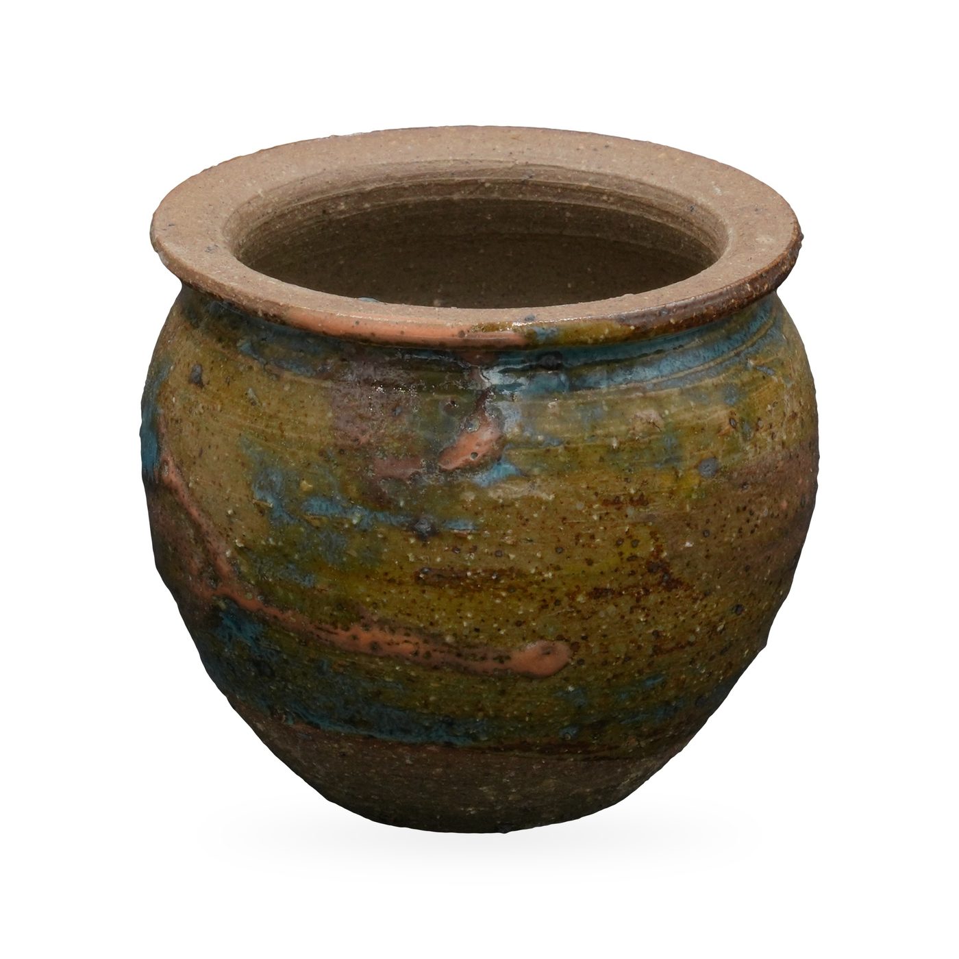 Rounded olive green succulent pot with turquoise and rust glaze streaks and a natural clay rim