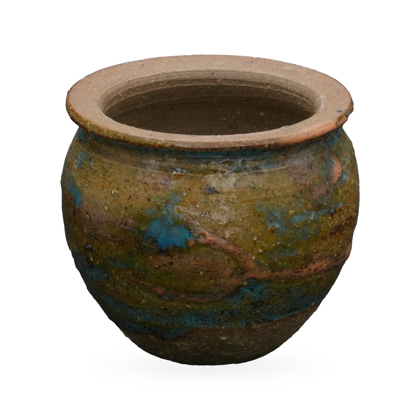 Rounded olive green succulent pot with turquoise and rust glaze streaks and a natural clay rim – view 2