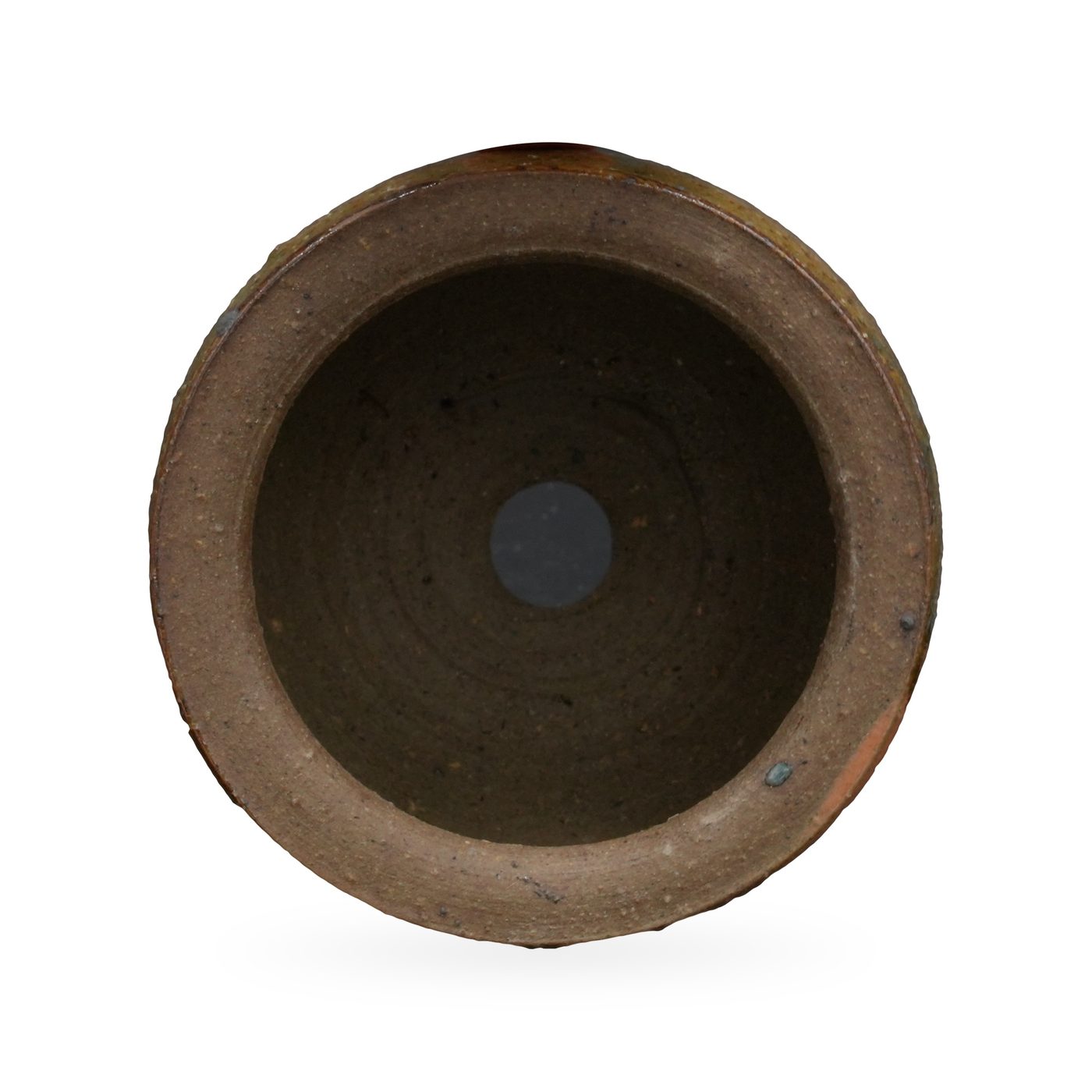 Rounded olive green succulent pot with turquoise and rust glaze streaks and a natural clay rim – view 3