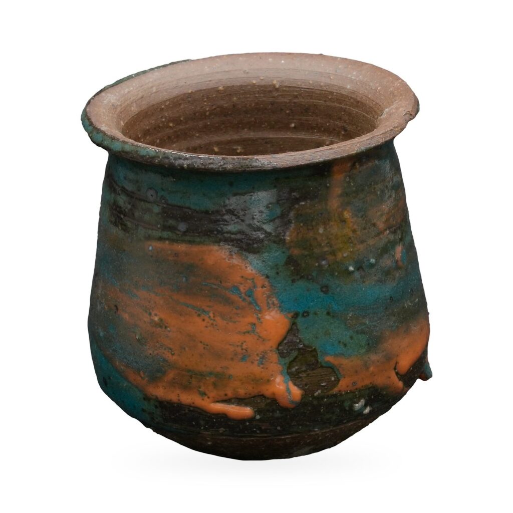 Tapered teal glazed succulent pot with orange splashes, dark banding and a natural clay flared rim