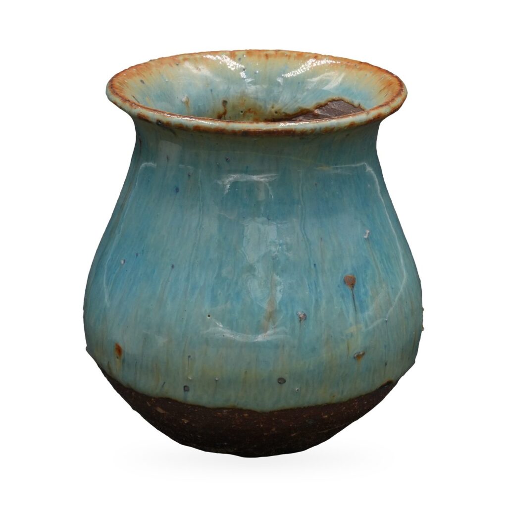 Bulbous light blue glossy vase-shaped succulent pot with rust-brown rim and dark clay base band