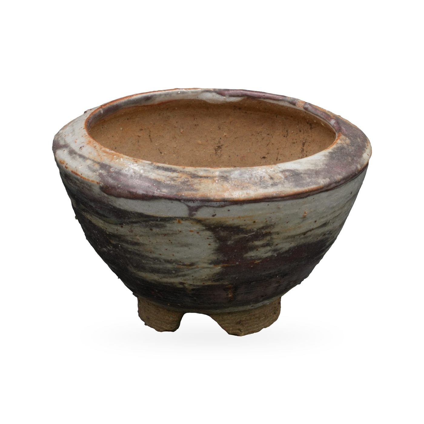 Wide footed bowl pot with swirled off-white, grey and plum-brown glaze and a thick rolled rim