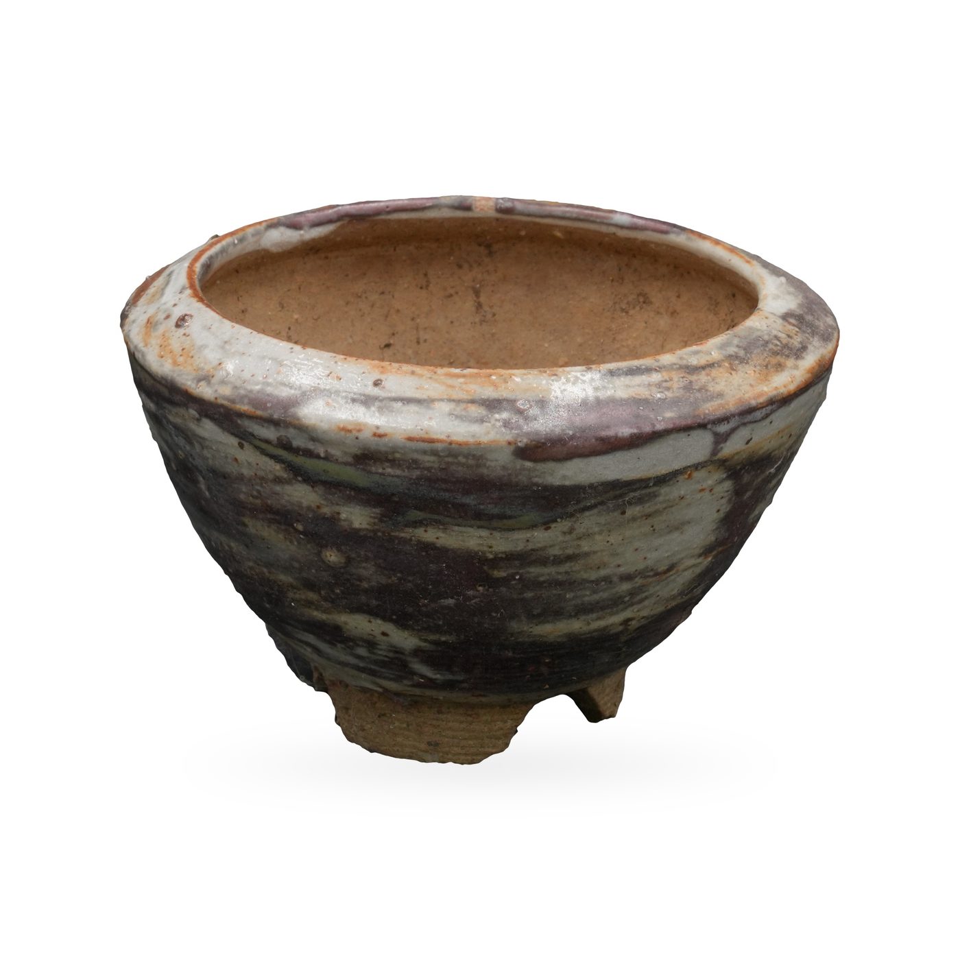 Wide footed bowl pot with swirled off-white, grey and plum-brown glaze and a thick rolled rim – view 2