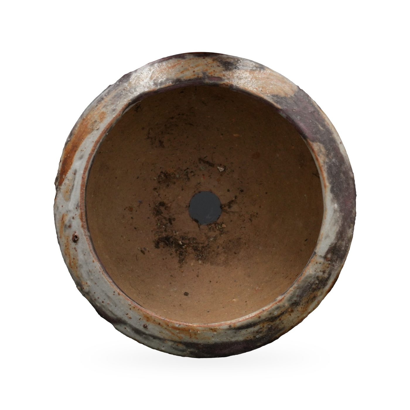 Wide footed bowl pot with swirled off-white, grey and plum-brown glaze and a thick rolled rim – view 3