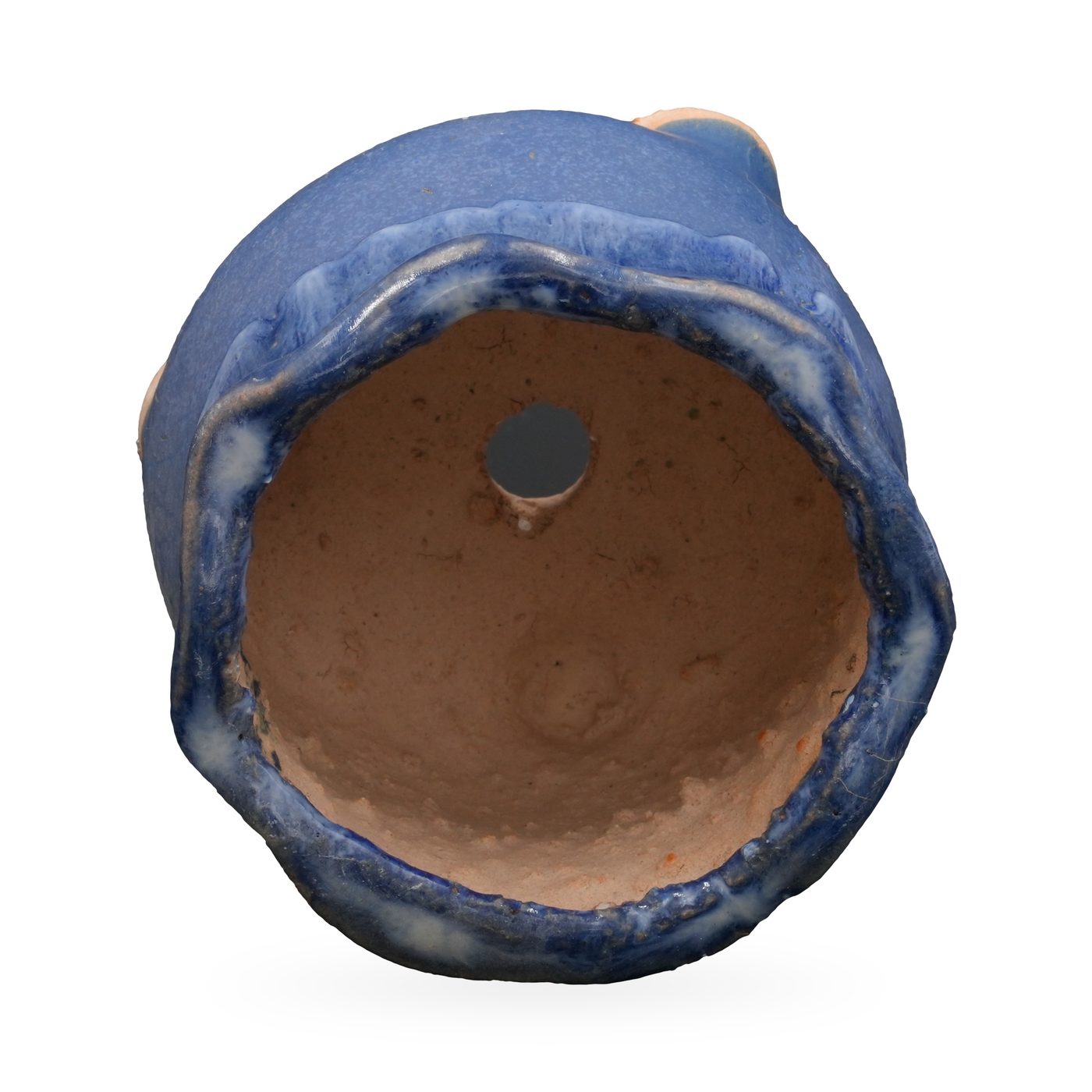 Cobalt blue footed pot with a wavy rim and glossy blue and white glaze drips from the rim – view 3