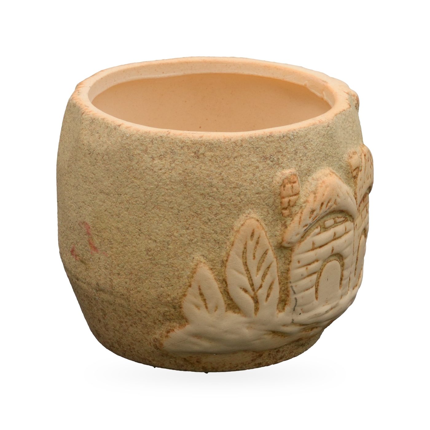Round sand-textured pot with raised cream relief of cottages, trees and leaves – view 2