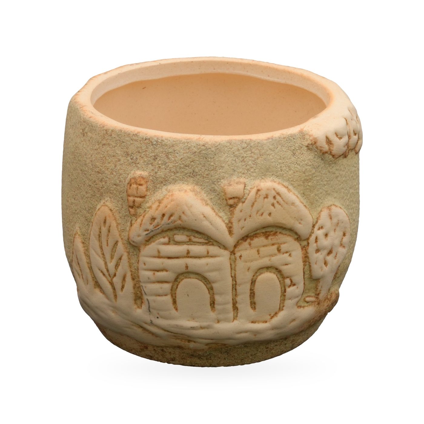 Round sand-textured pot with raised cream relief of cottages, trees and leaves