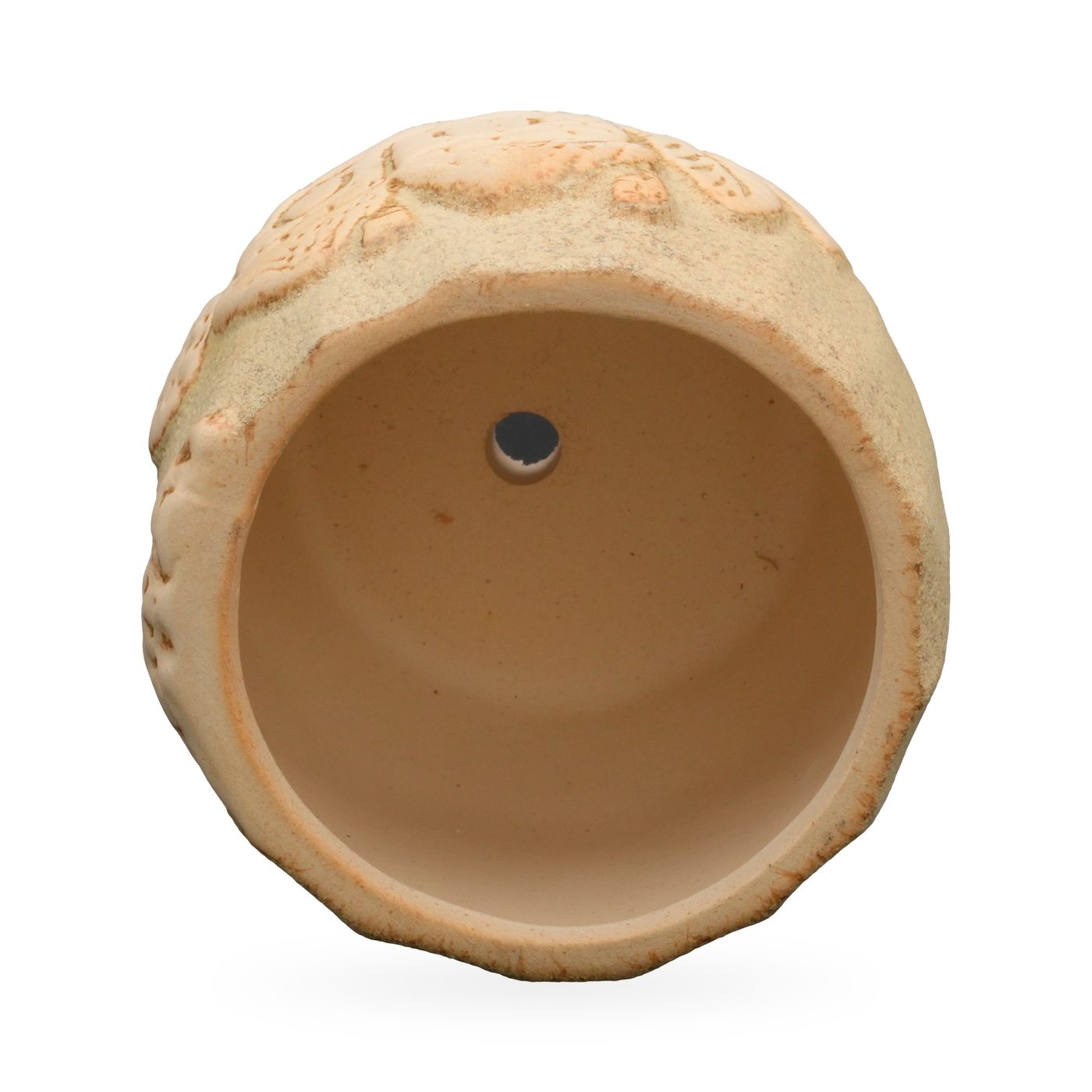 Round sand-textured pot with raised cream relief of cottages, trees and leaves – view 3