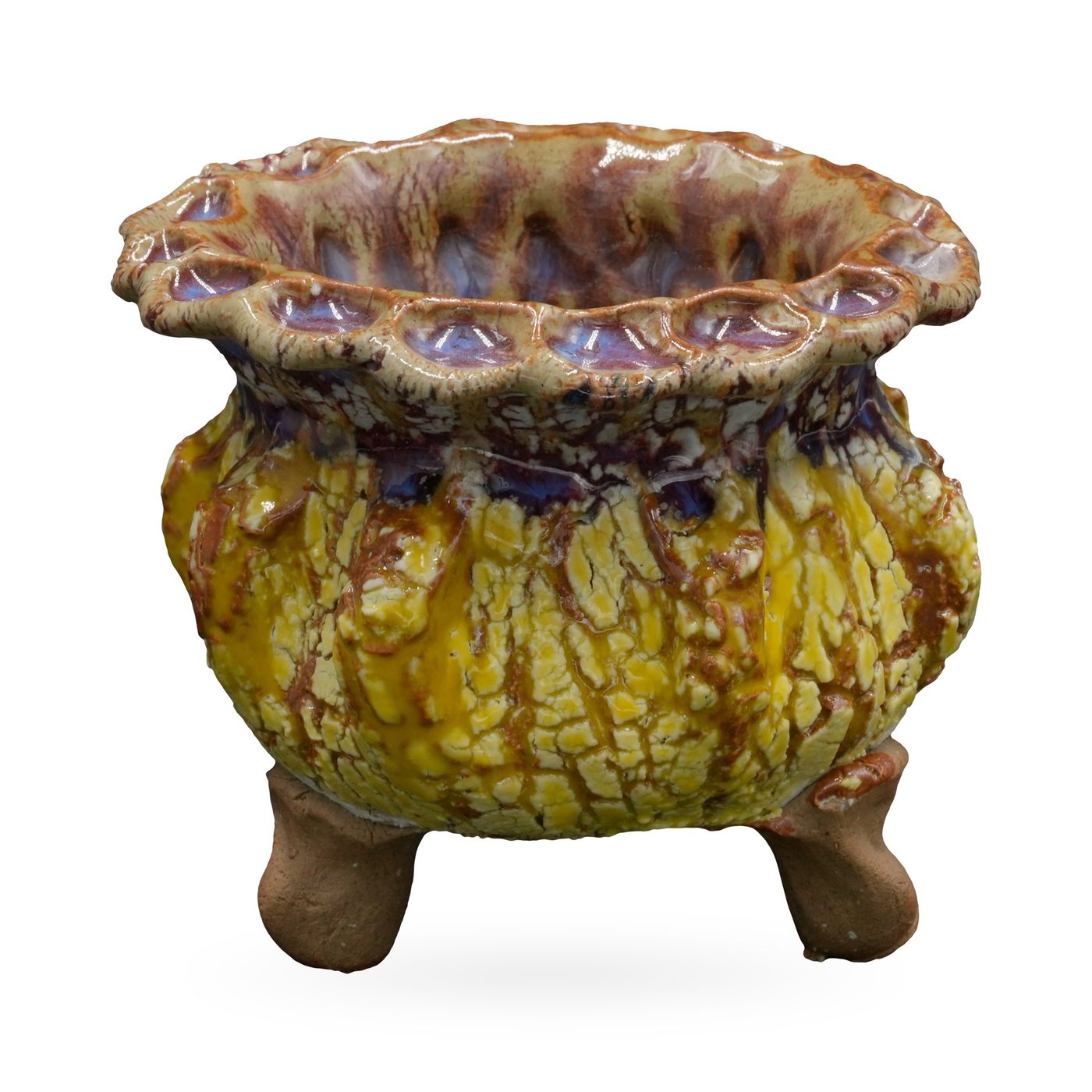 Yellow crackle-glaze round pot with purple streaks, amber scalloped rim and small clay feet