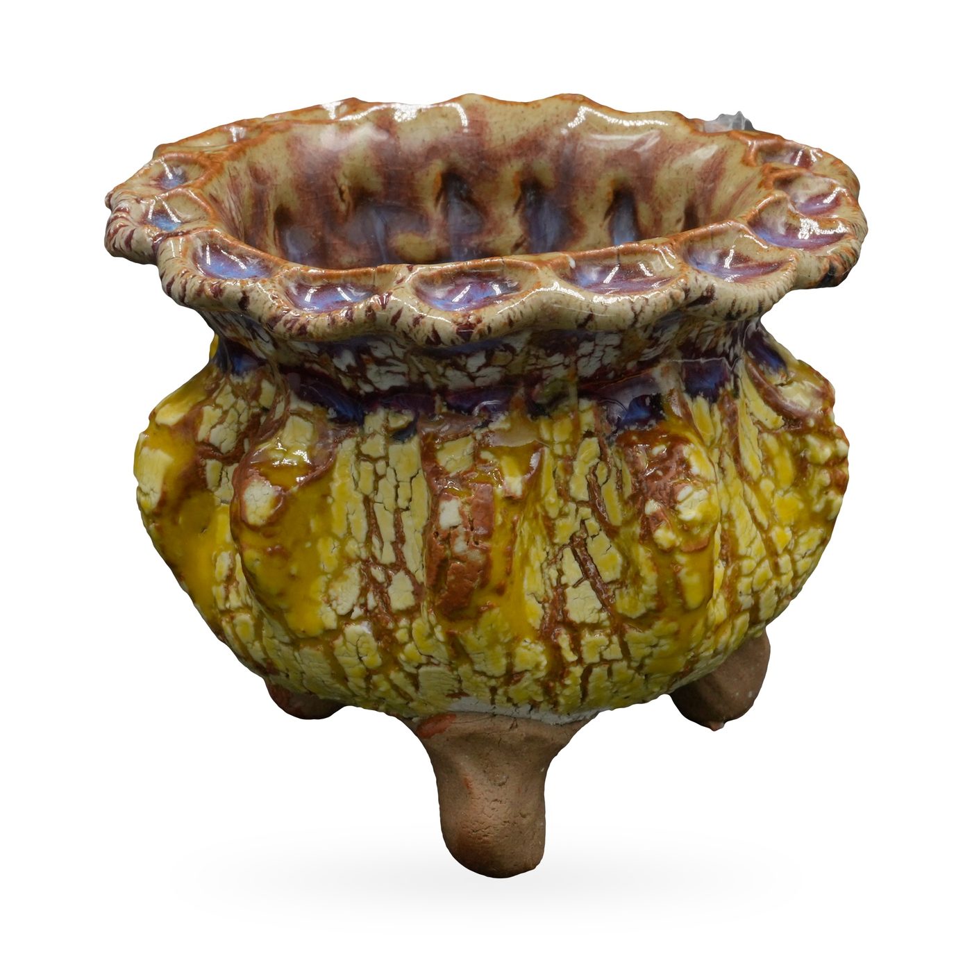 Yellow crackle-glaze round pot with purple streaks, amber scalloped rim and small clay feet – view 2