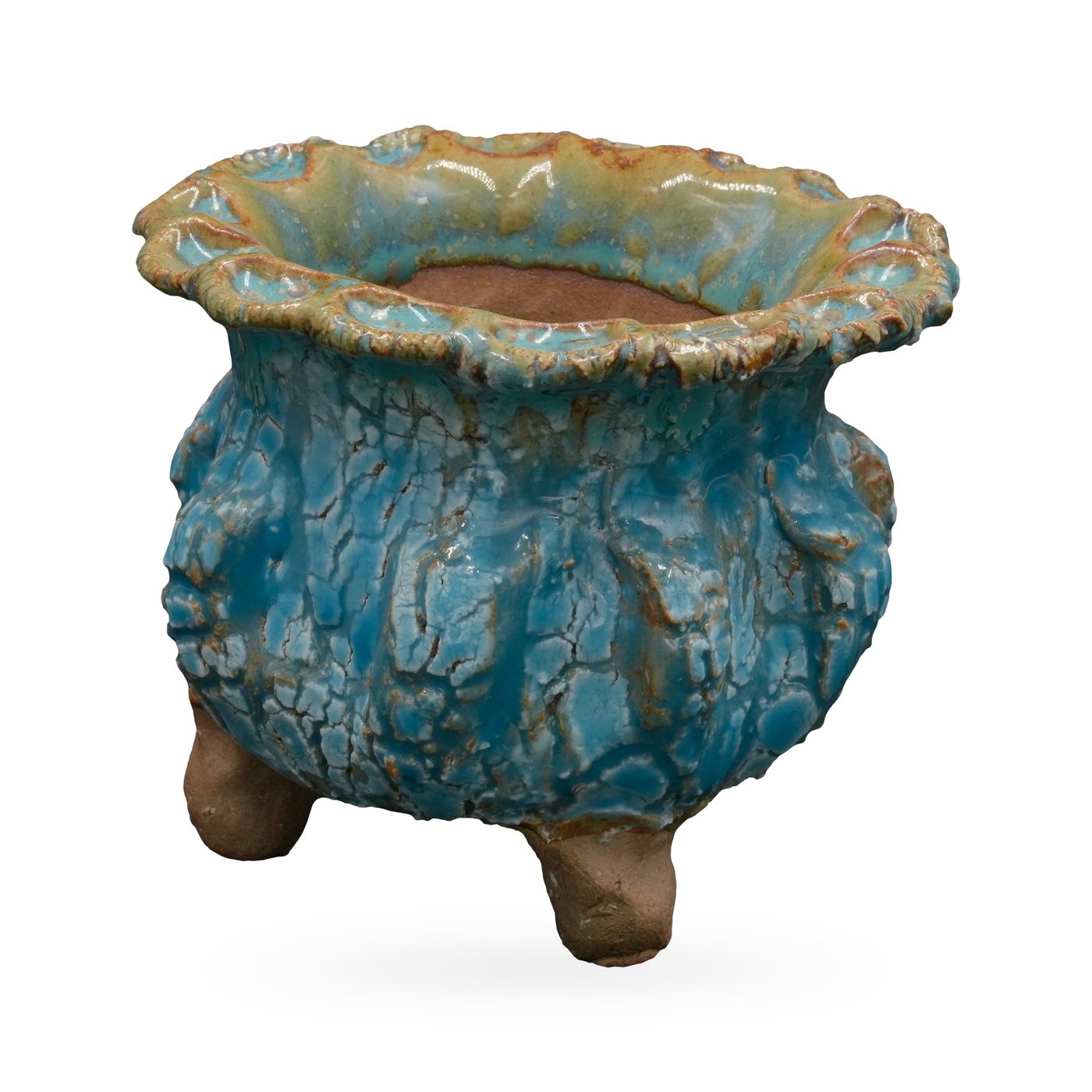 Turquoise crackle-glaze round pot with brown veining, amber-tinged scalloped rim and small clay feet