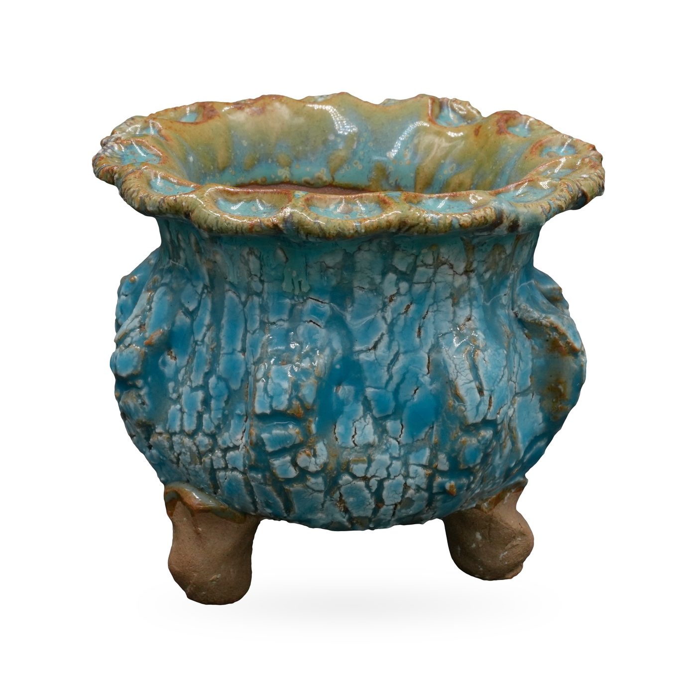 Turquoise crackle-glaze round pot with brown veining, amber-tinged scalloped rim and small clay feet – view 2