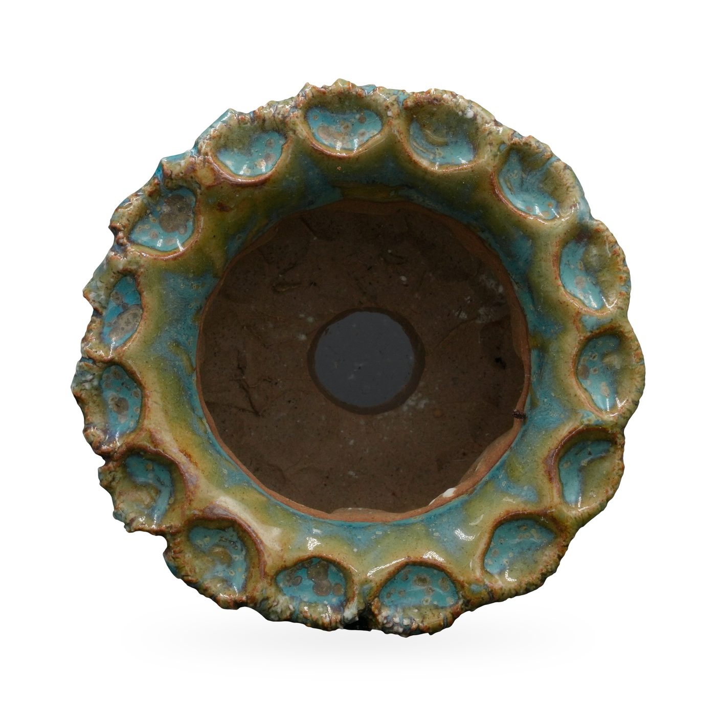 Turquoise crackle-glaze round pot with brown veining, amber-tinged scalloped rim and small clay feet – view 3
