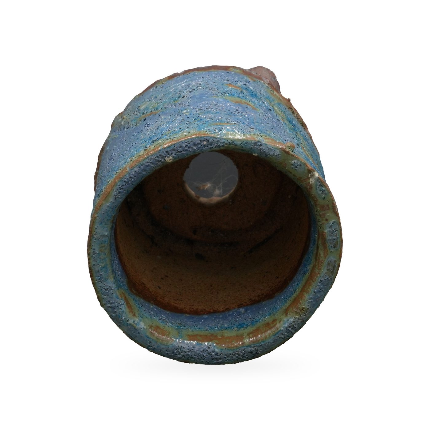 Tall blue-green cylinder pot with pitted lava-style glaze, raised X pattern and dark brown footed base – view 3