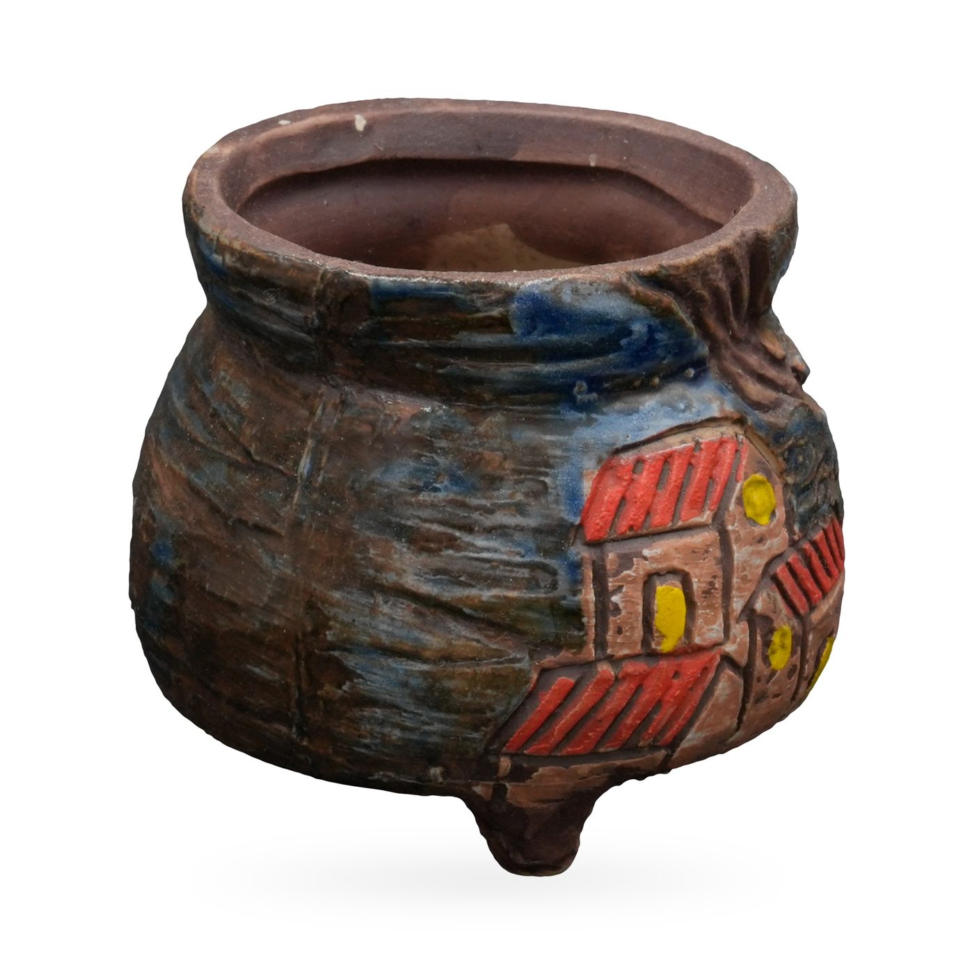 Small round brown and blue pot with raised painted red-roofed cottages and tree branches, on small feet – view 2