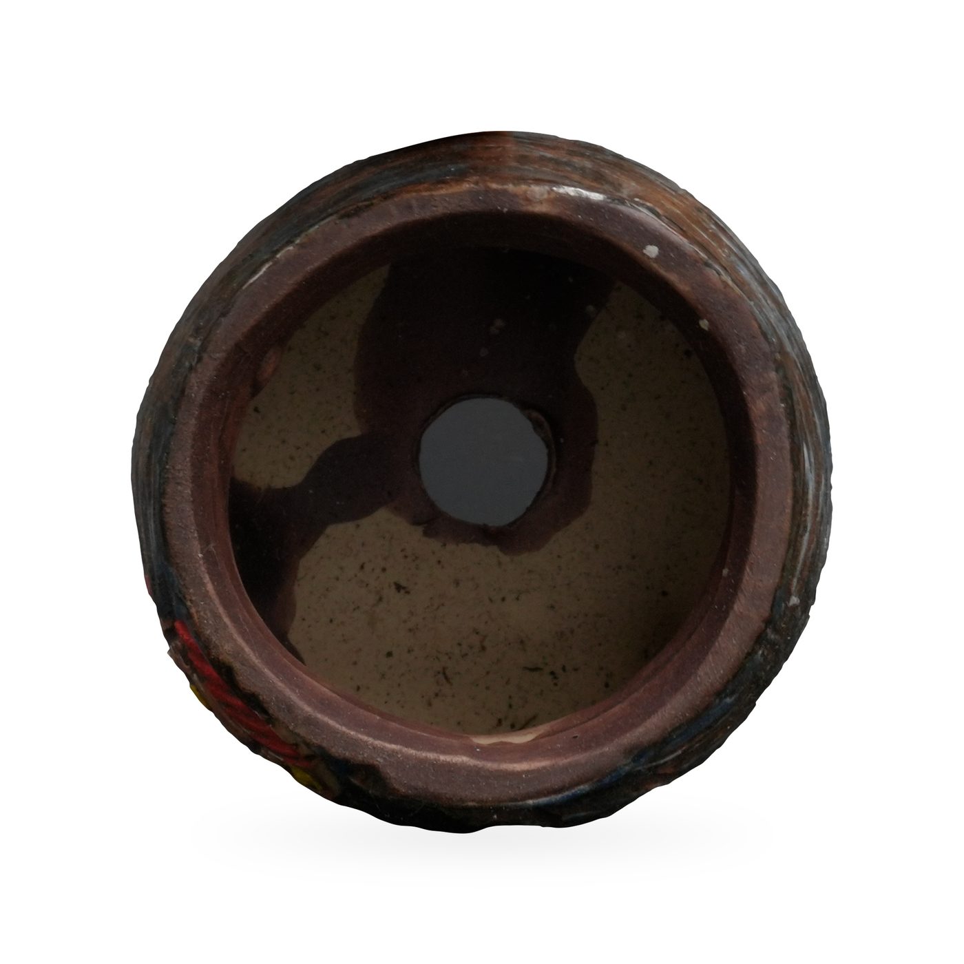 Small round brown and blue pot with raised painted red-roofed cottages and tree branches, on small feet – view 3