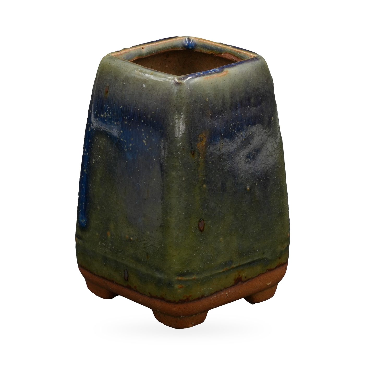 Tall square succulent pot in glossy olive-green and cobalt-blue glaze, standing on small feet – view 2