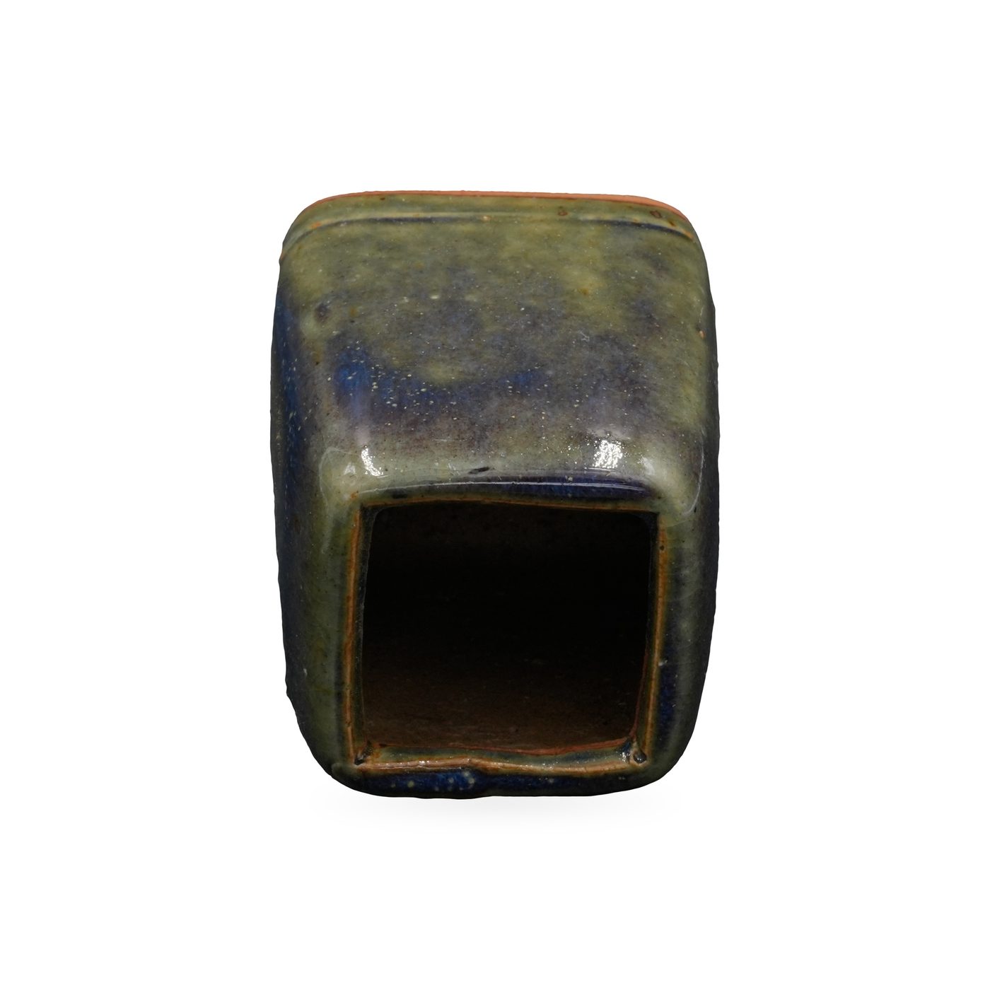 Tall square succulent pot in glossy olive-green and cobalt-blue glaze, standing on small feet – view 3