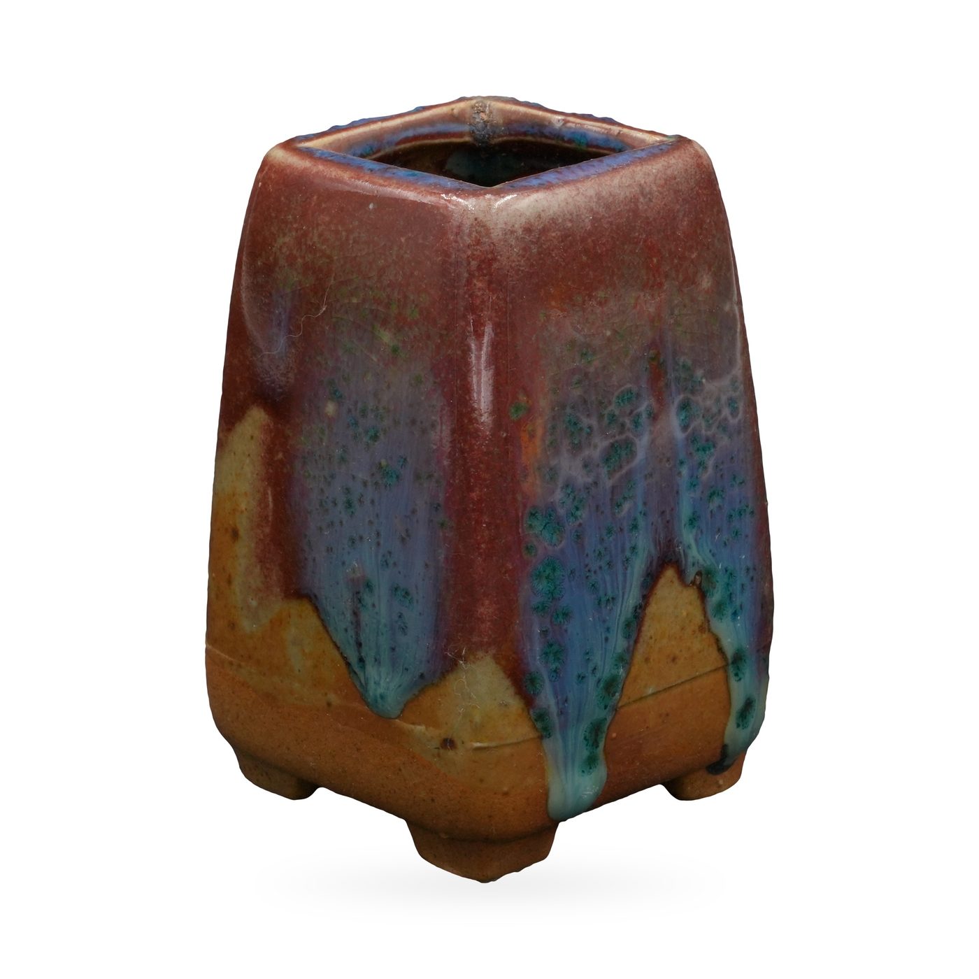 Tall square succulent pot in glossy oxblood-red glaze with blue and turquoise drips, on small feet – view 2
