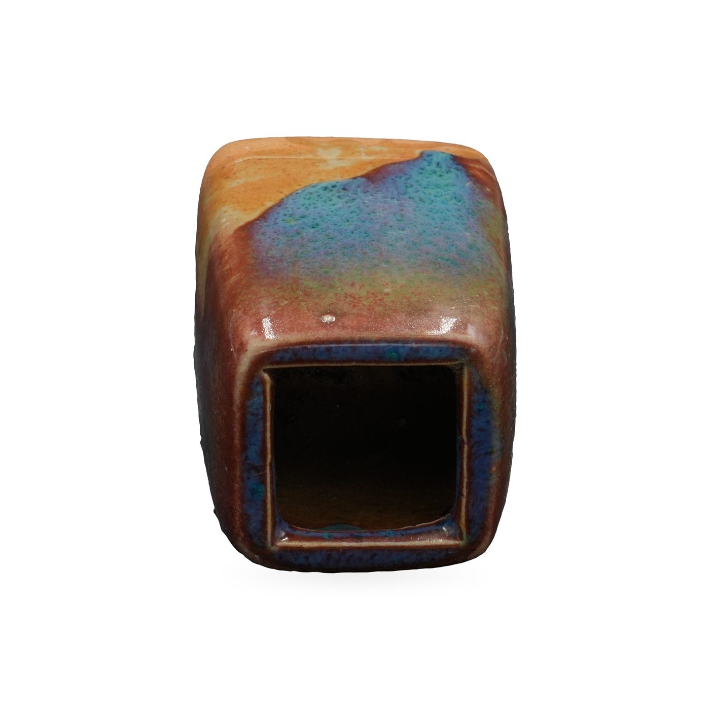 Tall square succulent pot in glossy oxblood-red glaze with blue and turquoise drips, on small feet – view 3