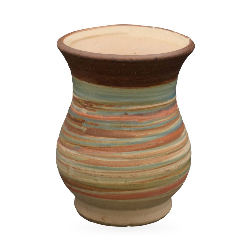 Vase-shaped succulent pot with swirled sage, blue, terracotta and cream stripes and a flared brown rim
