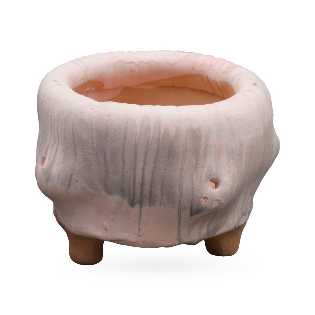 Round pale pink tree-bark textured pot with knot details, standing on small terracotta feet