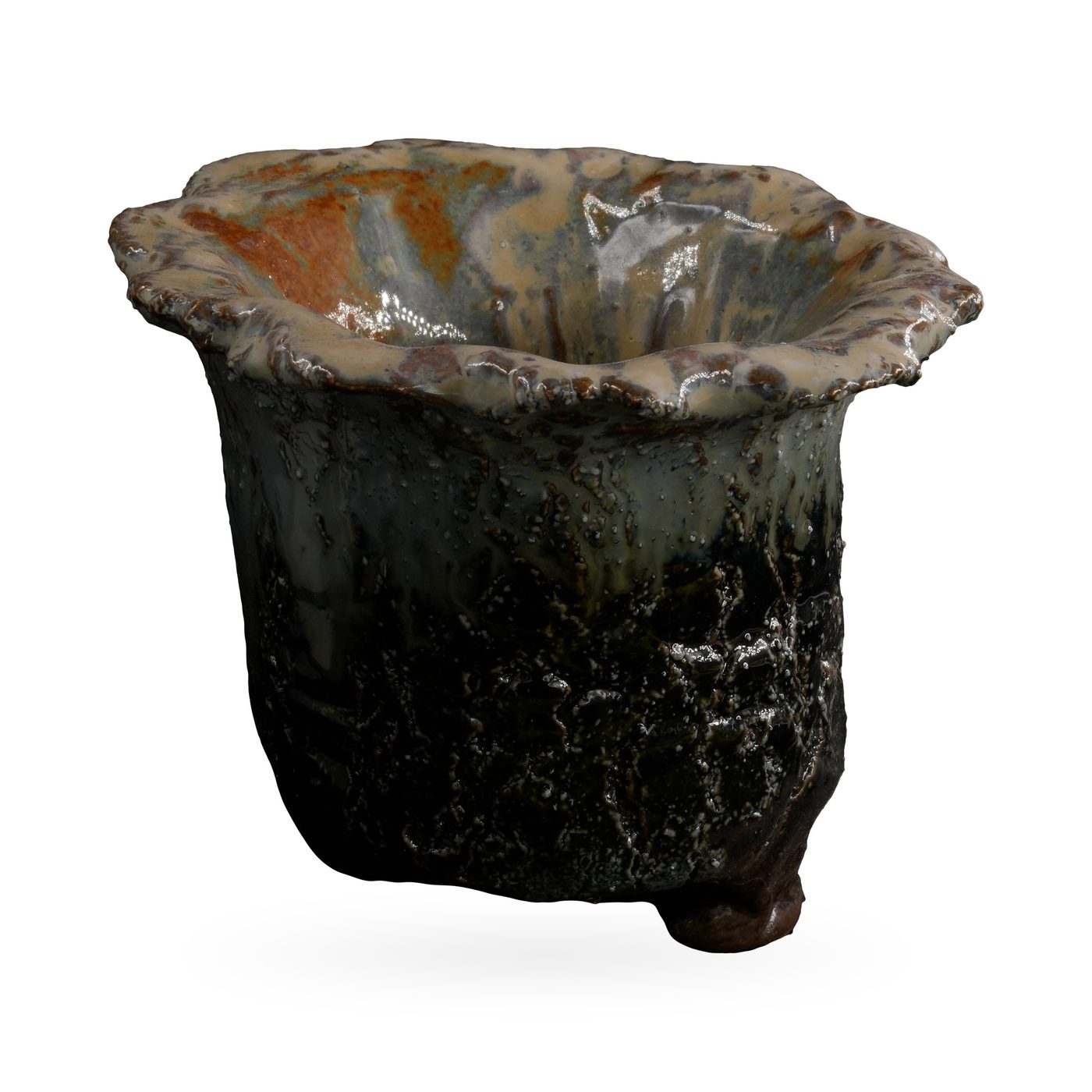 Ruffled-rim succulent pot in glossy lava-textured glaze, black at the base fading to blue-grey and rust – view 2