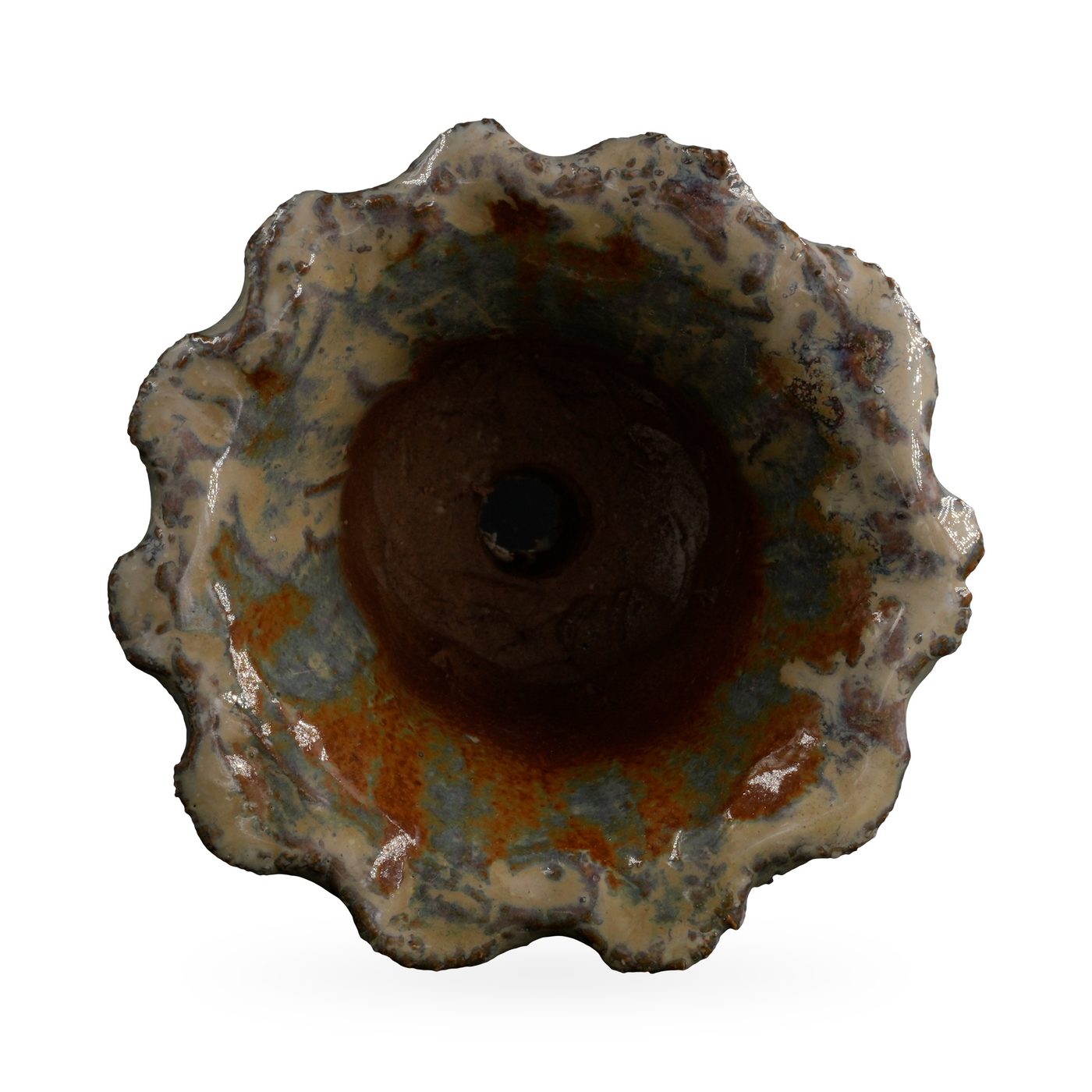 Ruffled-rim succulent pot in glossy lava-textured glaze, black at the base fading to blue-grey and rust – view 3