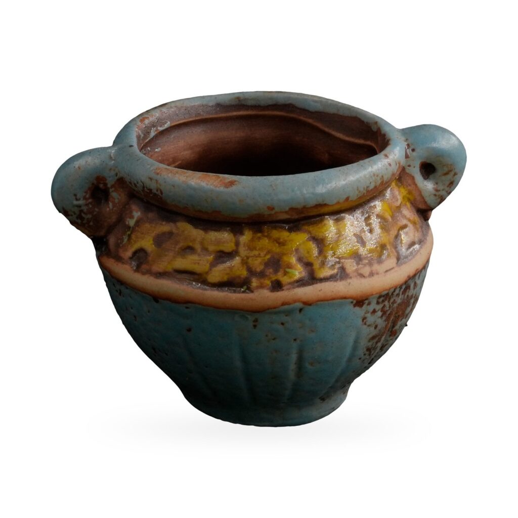 Small rustic teal-blue pot with two loop handles and a textured mustard-yellow band
