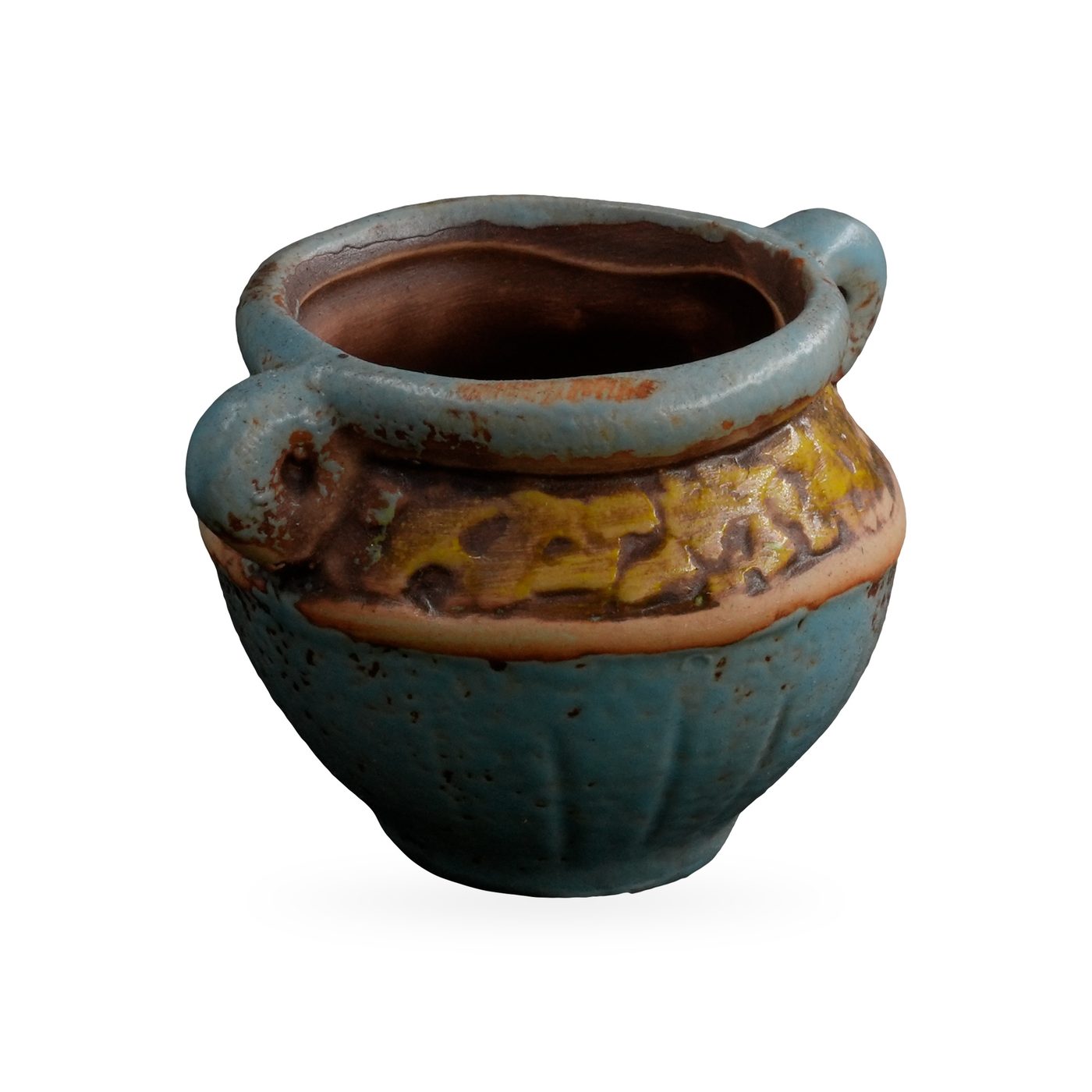 Small rustic teal-blue pot with two loop handles and a textured mustard-yellow band – view 2