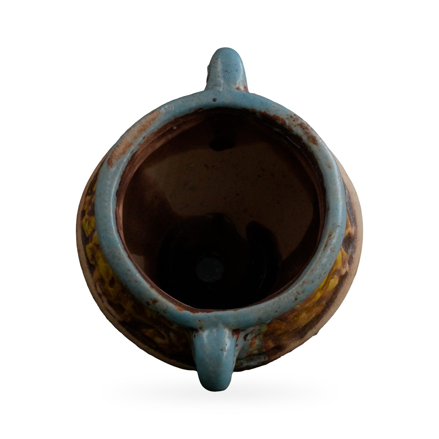 Small rustic teal-blue pot with two loop handles and a textured mustard-yellow band – view 3