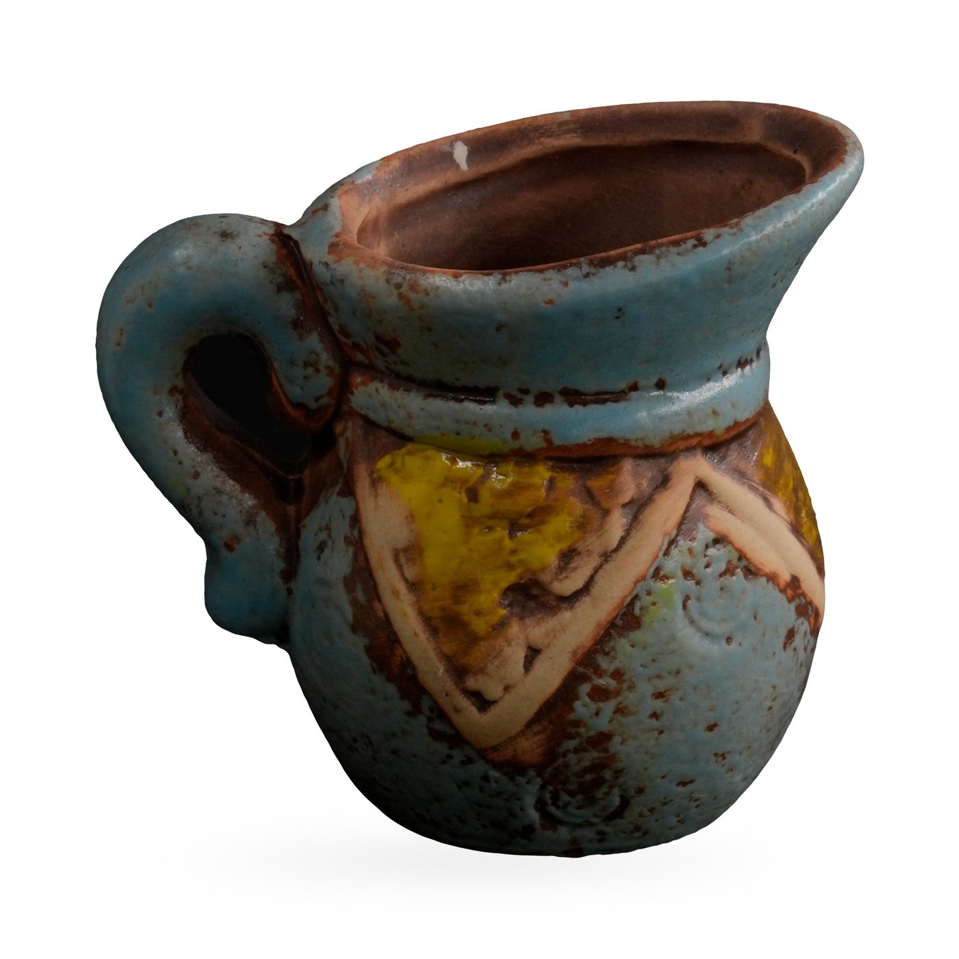 Small blue rustic jug-shaped pot with handle and a cream and yellow chevron band – view 2