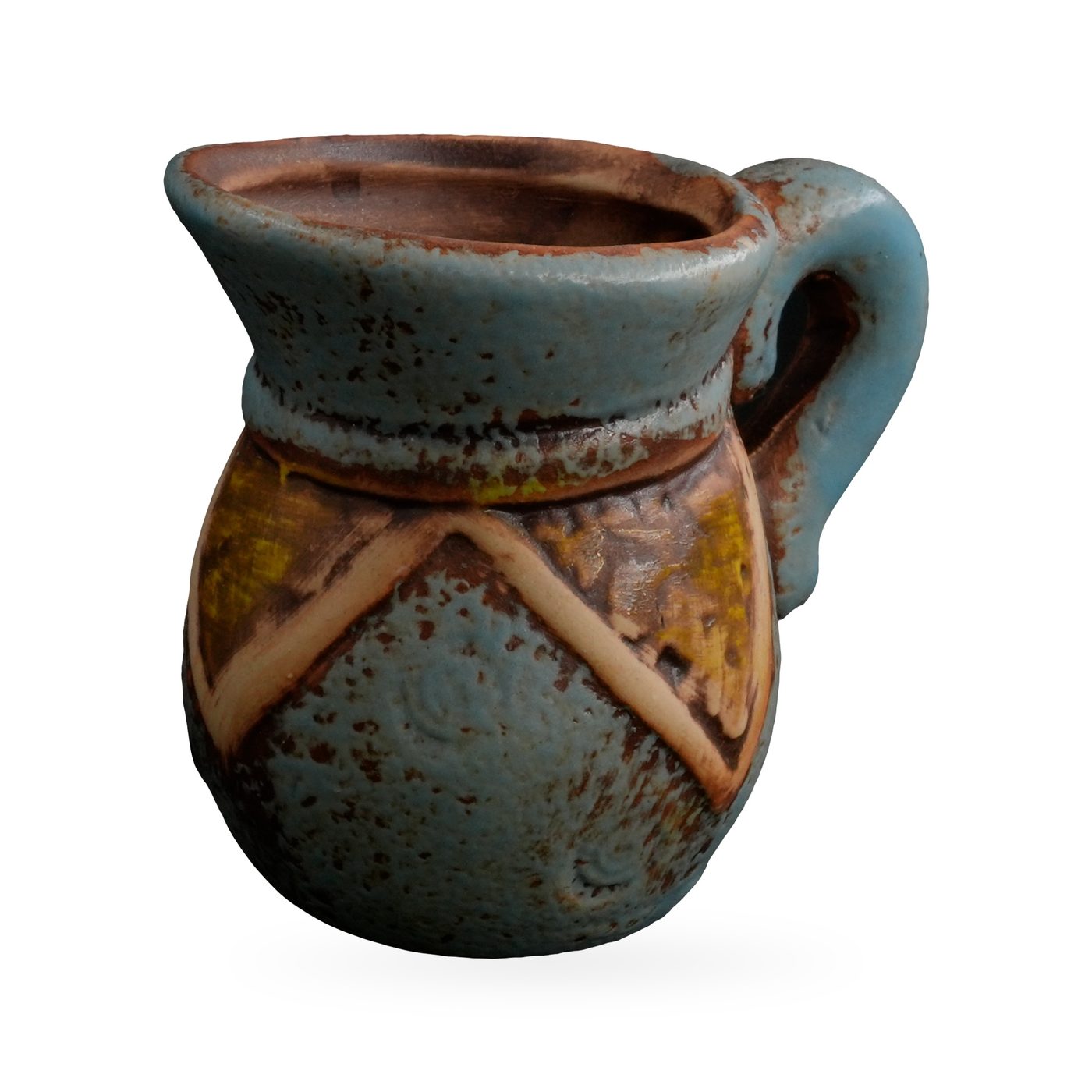 Small blue rustic jug-shaped pot with handle and a cream and yellow chevron band