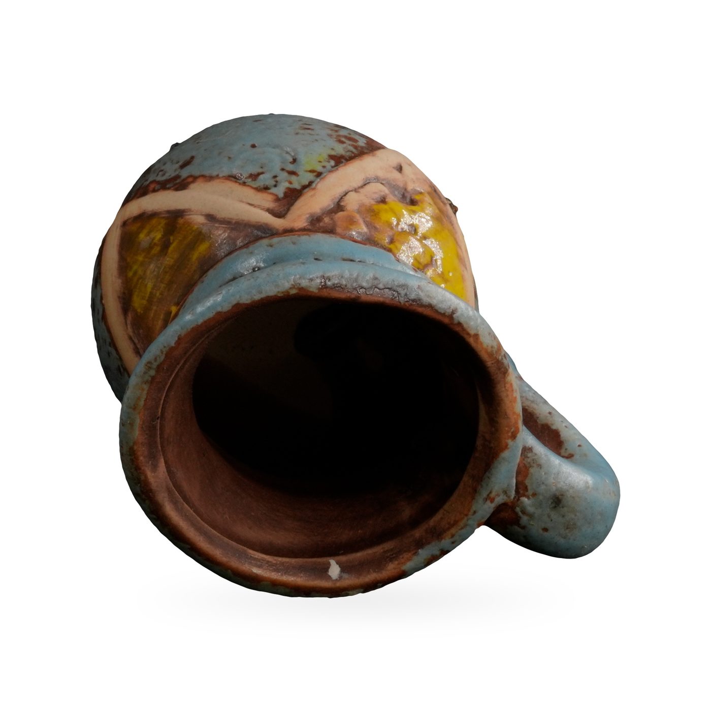 Small blue rustic jug-shaped pot with handle and a cream and yellow chevron band – view 3